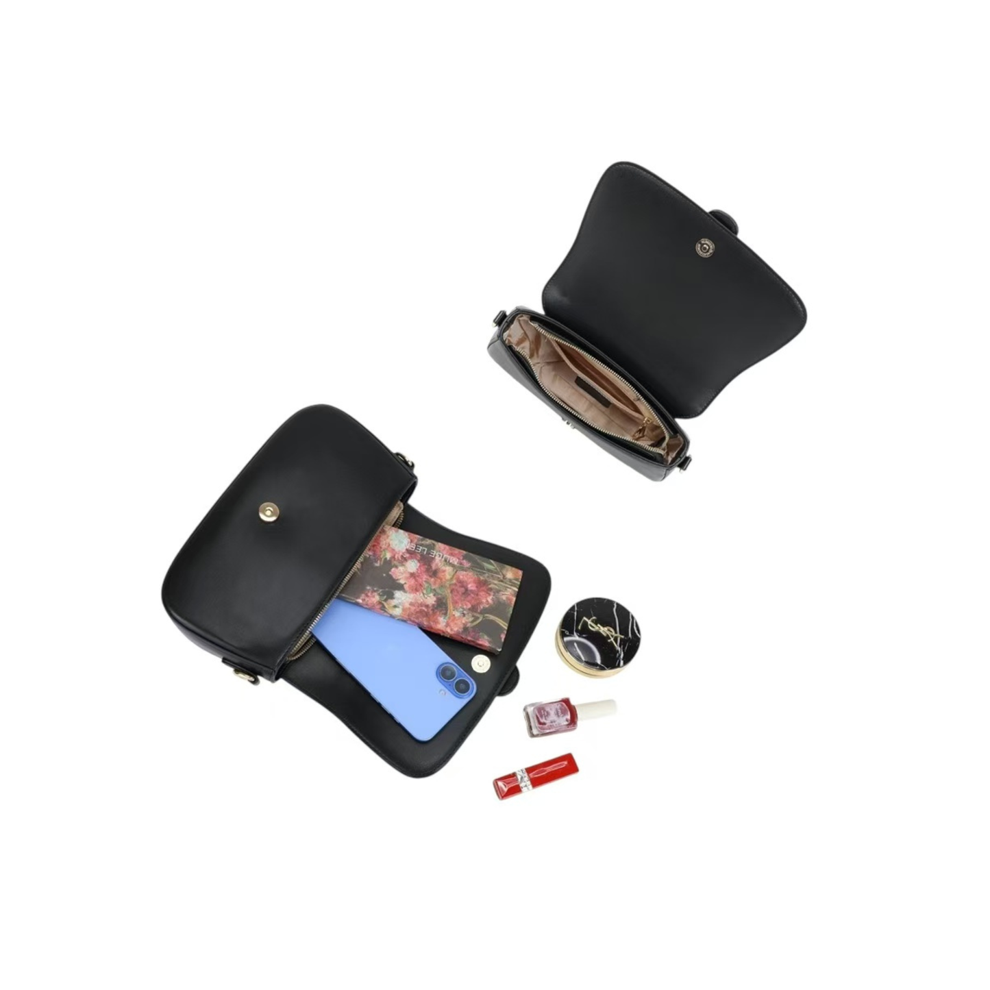 Sac à main noir élégant synthétique avec bandoulière réglable